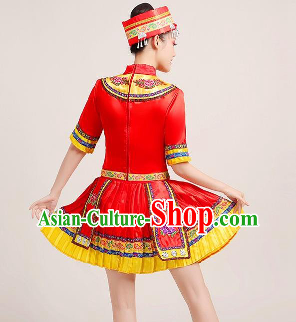 Chinese Yi Nationality Folk Dance Short Dress Yao Minority Red Outfits Yunnan Ethnic Performance Garment Clothing
