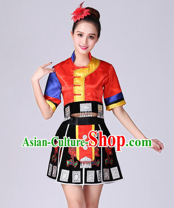 Chinese Yao Nationality Folk Dance Short Dress Minority Performance Outfits Tujia Ethnic Woman Garment Clothing