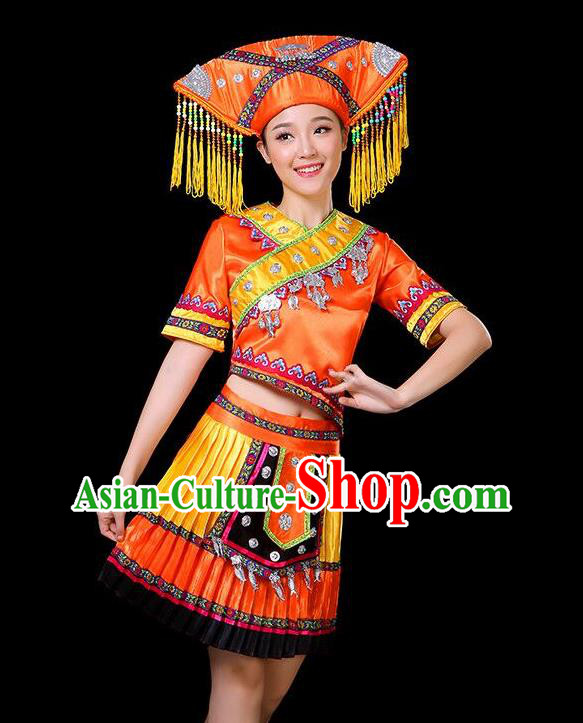 Chinese Guangxi Ethnic Garment Zhuang Nationality Folk Dance Short Dress Minority Performance Orange Outfits Clothing