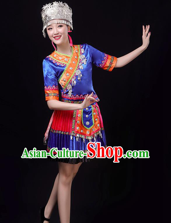 Chinese Hmong Minority Performance Royalblue Outfits Clothing Xiangxi Ethnic Garment Miao Nationality Folk Dance Short Dress