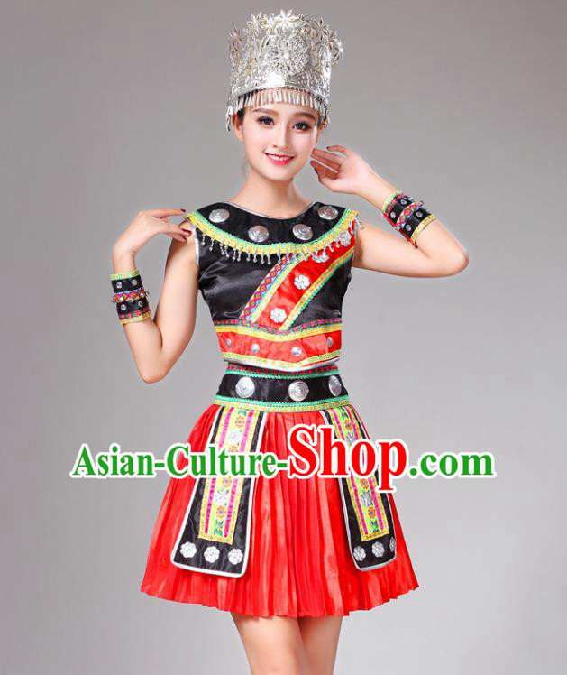 Chinese Tujia Ethnic Garment Dong Nationality Folk Dance Short Dress Xiangxi Minority Performance Outfits Clothing