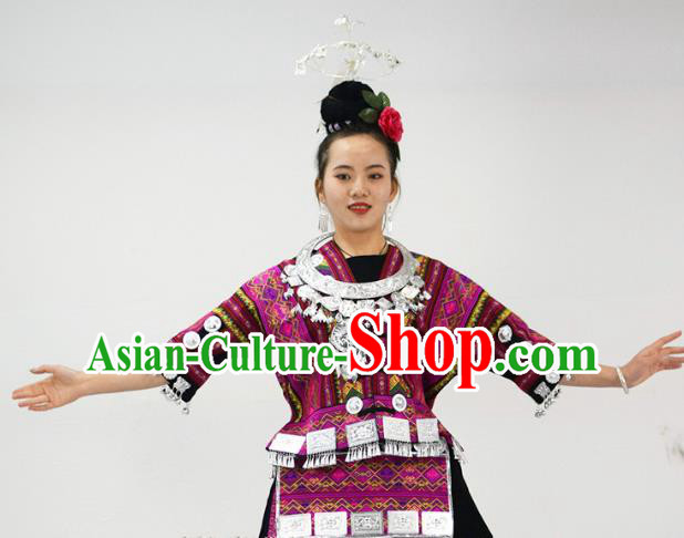 Chinese Yi Minority Purple Outfits Ethnic Folk Dance Garment Xiangxi Nationality Performance Dress Clothing