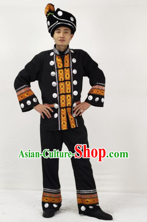 China Traditional Yi Nationality Performance Garment Costumes Ethnic Folk Dance Black Clothing and Headwear