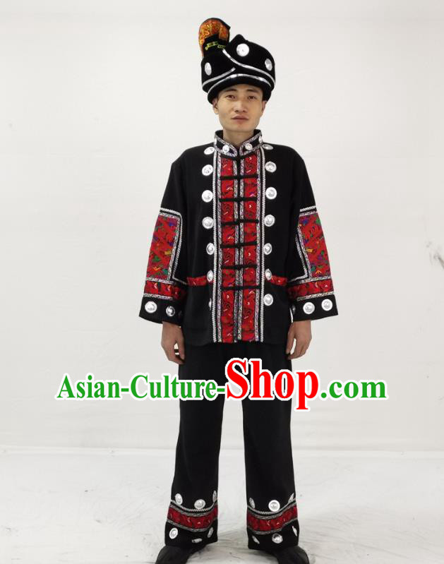 China Hmong Ethnic Folk Dance Black Clothing Traditional Miao Nationality Performance Garment Costumes and Hat