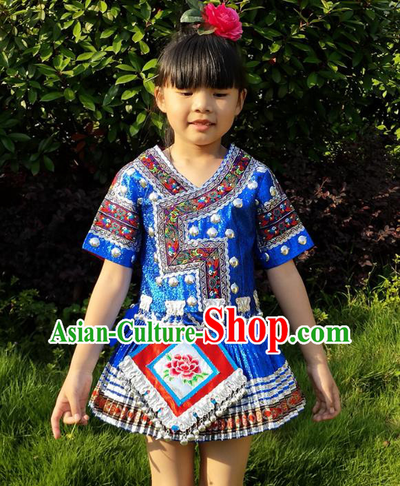 Chinese Xiangxi Ethnic Garment Costumes Traditional Miao Nationality Girls Blue Outfits Clothing