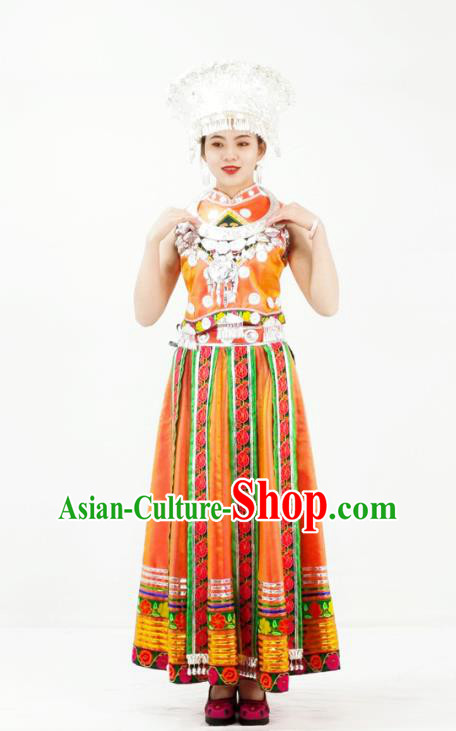 Chinese Miao Nationality Performance Yellow Dress Clothing Hmong Minority Black Outfits Xiangxi Ethnic Folk Dance Garment and Headdress