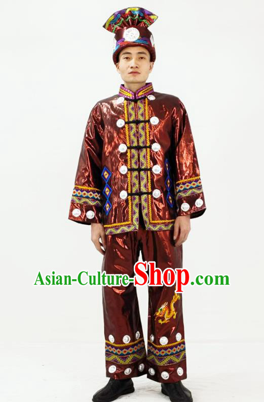 China Traditional Dong Nationality Performance Garment Costumes Xiangxi Folk Dance Brown Clothing and Headwear