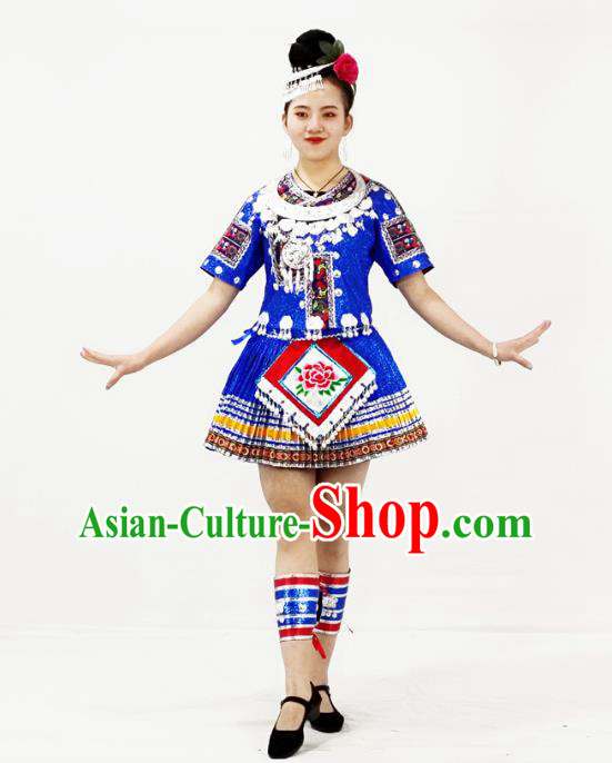 Chinese Hmong Minority Ethnic Folk Dance Royalblue Short Dress Outfits Miao Nationality Performance Garment Clothing and Headdress