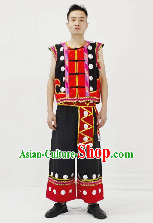 China Traditional Ethnic Male Folk Dance Clothing Yi Nationality Stage Performance Garment Costume