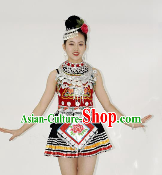 Chinese Tujia Minority Ethnic Short Dress Outfits Yi Nationality Stage Performance Garment Clothing and Hair Accessories