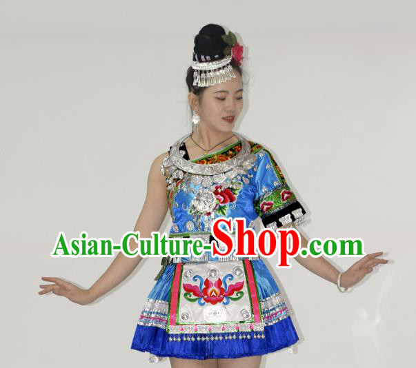 Chinese Yi Nationality Stage Performance Garment Clothing Tujia Minority Ethnic Blue Short Dress Outfits and Hair Jewelry