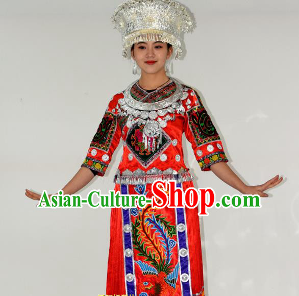 Chinese Hmong Minority Ethnic Bride Red Dress Outfits Miao Nationality Wedding Garment Clothing and Headdress