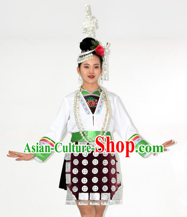 Chinese Tujia Nationality Performance Garment Clothing Dong Minority Ethnic Folk Dance Short Dress Outfits and Headdress