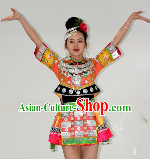 Chinese Yi Minority Dance Short Dress Outfits Ethnic Garment Miao Nationality Stage Performance Clothing and Headpieces