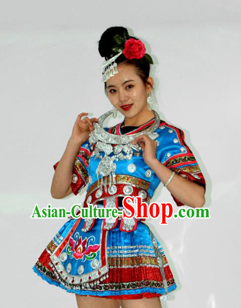 Chinese Ethnic Garment Miao Nationality Stage Performance Clothing Yi Minority Dance Blue Short Dress Outfits and Headwear