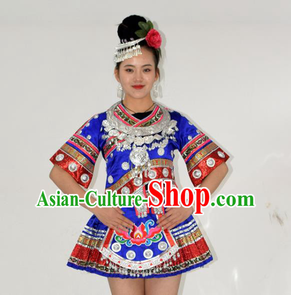 Chinese Miao Nationality Stage Performance Clothing Yi Minority Dance Royalblue Short Dress Outfits Ethnic Garment and Hair Accessories