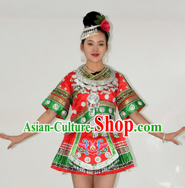 Chinese Yi Minority Dance Red Short Dress Outfits Ethnic Garment Miao Nationality Stage Performance Clothing and Headdress