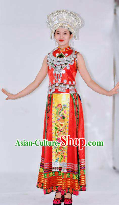 Chinese Ethnic Folk Dance Garment Outfits Miao Nationality Red Clothing Hmong Minority Performance Dress and Headwear
