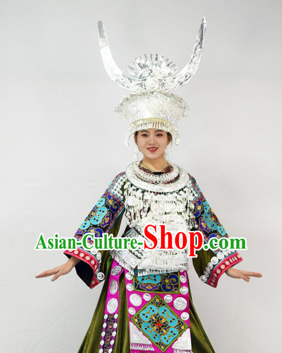 Chinese Ethnic Folk Dance Garment Outfits Miao Nationality Festival Clothing Hmong Minority Performance Green Dress and Silver Hat