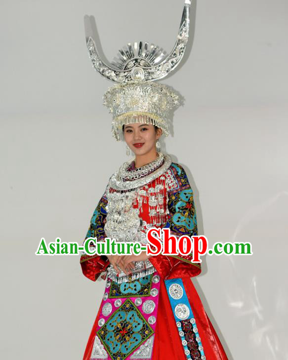 Chinese Ethnic Wedding Garment Outfits Miao Nationality Festival Clothing Hmong Minority Bride Red Dress and Silver Headdress