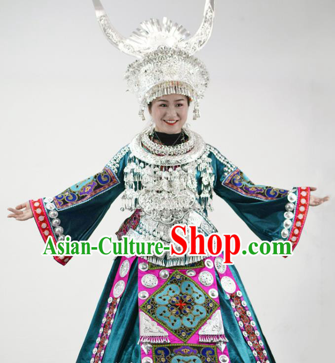 Chinese Miao Nationality Festival Clothing Hmong Minority Performance Blue Dress Ethnic Dance Garment Outfits and Silver Hat