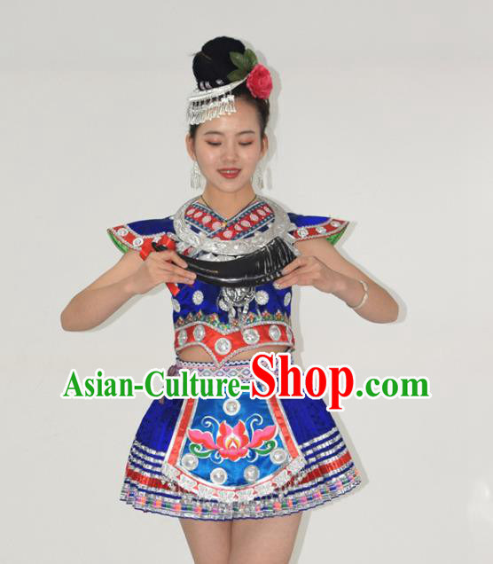 Chinese Ethnic Garment Dong Nationality Stage Performance Clothing Miao Minority Dance Royalblue Short Dress Outfits and Headpieces