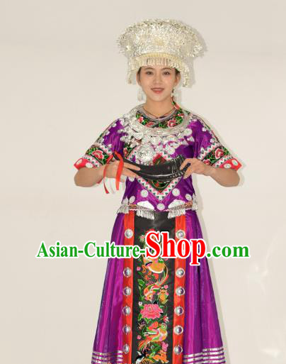 Chinese Miao Nationality Clothing Hmong Minority Folk Dance Purple Dress Ethnic Festival Garment Outfits and Headwear