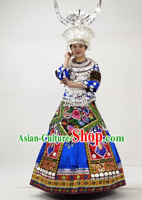 Chinese Ethnic Festival Garment Outfits Miao Nationality Bride Clothing Hmong Minority Royalblue Dress and Silver Headdress