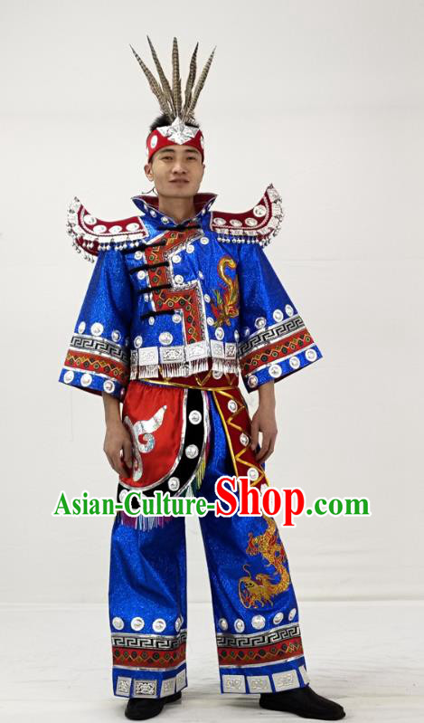 China Traditional Hmong Ethnic Male Dance Clothing Miao Nationality Festival Performance Blue Garment Costume and Feather Headwear