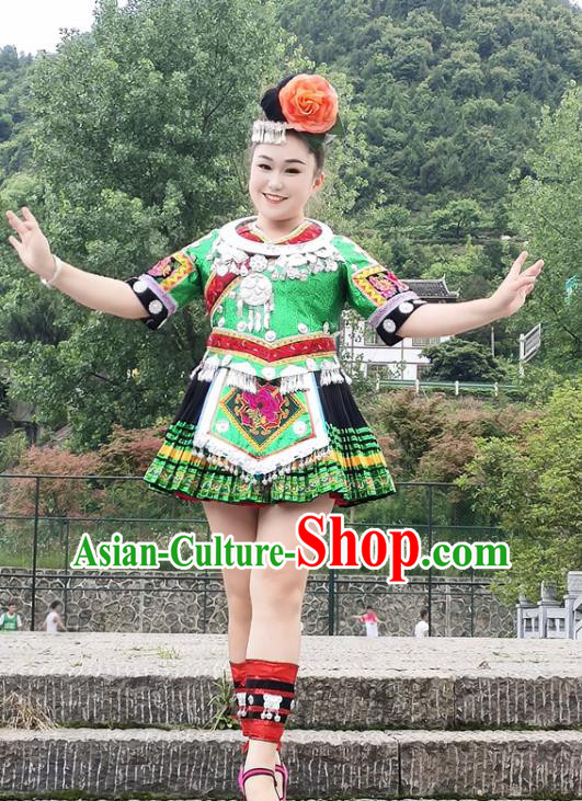 Chinese Miao Nationality Performance Clothing Xiangxi Minority Green Short Dress Ethnic Folk Dance Garment Outfits