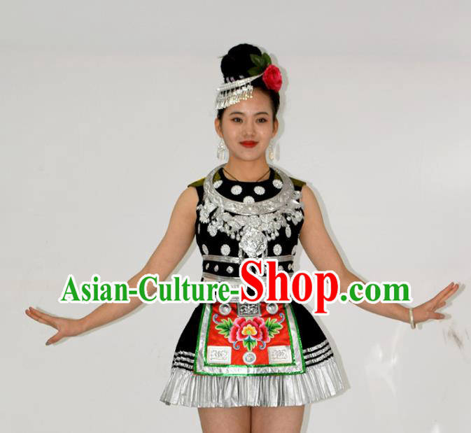 Chinese Miao Minority Dance Black Short Dress Outfits Ethnic Garment Dong Nationality Stage Performance Clothing and Headpieces