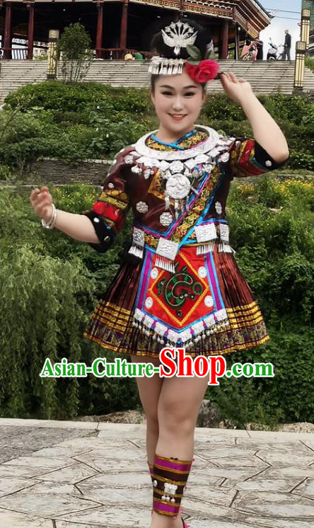 Chinese Miao Nationality Female Clothing Hmong Minority Brownish Red Short Dress Ethnic Stage Performance Garment Outfits
