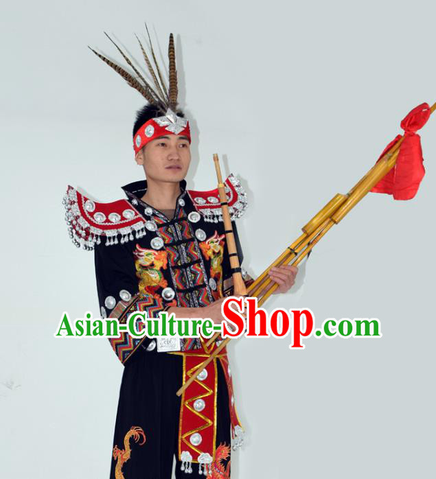 China Miao Nationality Festival Garment Costume Traditional Hmong Ethnic Male Performance Clothing and Headwear