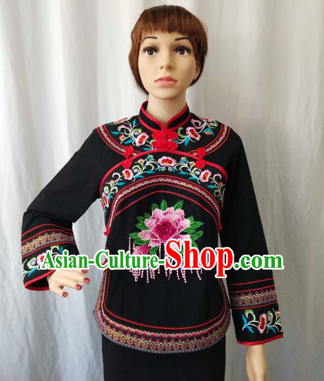 Chinese Guizhou Minority Embroidered Peony Black Shirt Clothing Puyi Nationality Blouse Bouyei Ethnic Woman Top Garment