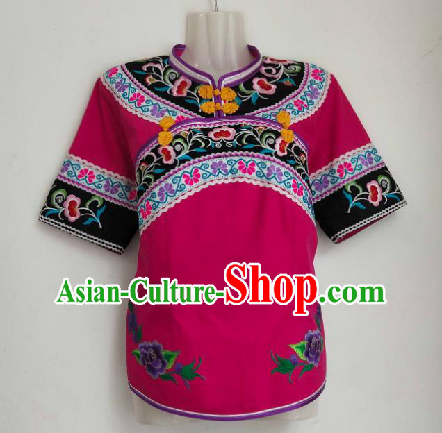 Chinese Guizhou Bouyei Minority Embroidered Shirt Clothing Puyi Nationality Rosy Blouse Ethnic Woman Top Garment