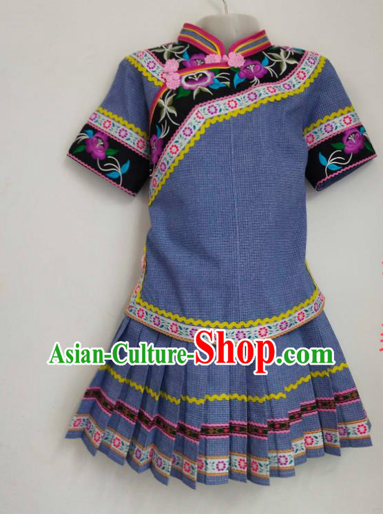 China Traditional Puyi Ethnic Children Dance Clothing Bouyei Nationality Girl Outfits Blouse and Skirt