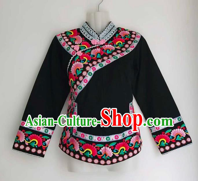 Chinese Guizhou Ethnic Top Garment Bouyei Minority Embroidered Shirt Clothing Puyi Nationality Black Blouse