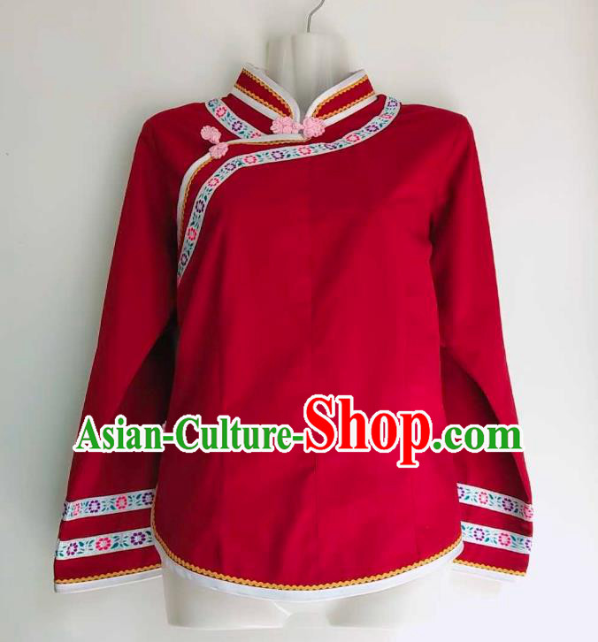 Chinese Ethnic Woman Top Garment Guizhou Minority Embroidered Shirt Clothing Bouyei Nationality Red Blouse