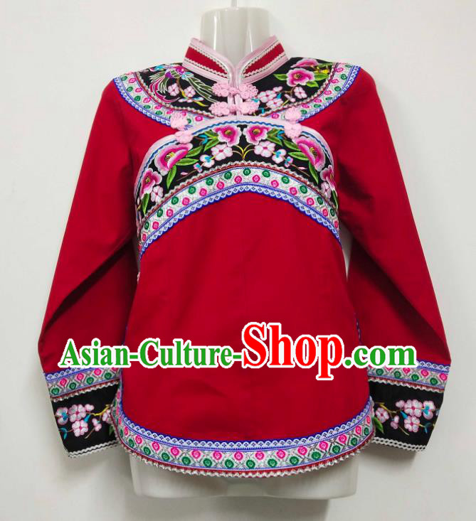 Chinese Bouyei Nationality Red Blouse Ethnic Woman Embroidered Top Garment Guizhou Minority Shirt Clothing