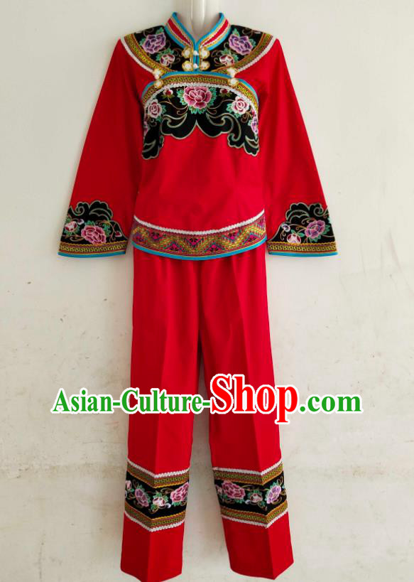 Chinese Guizhou Ethnic Folk Dance Clothing Traditional Bouyei Nationality Embroidered Red Blouse and Pants Suits