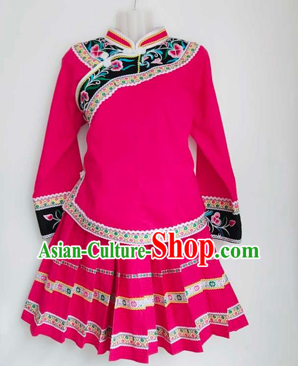 Chinese Traditional Guizhou Ethnic Folk Dance Suits Clothing Bouyei Nationality Embroidered Rosy Blouse and Skirt