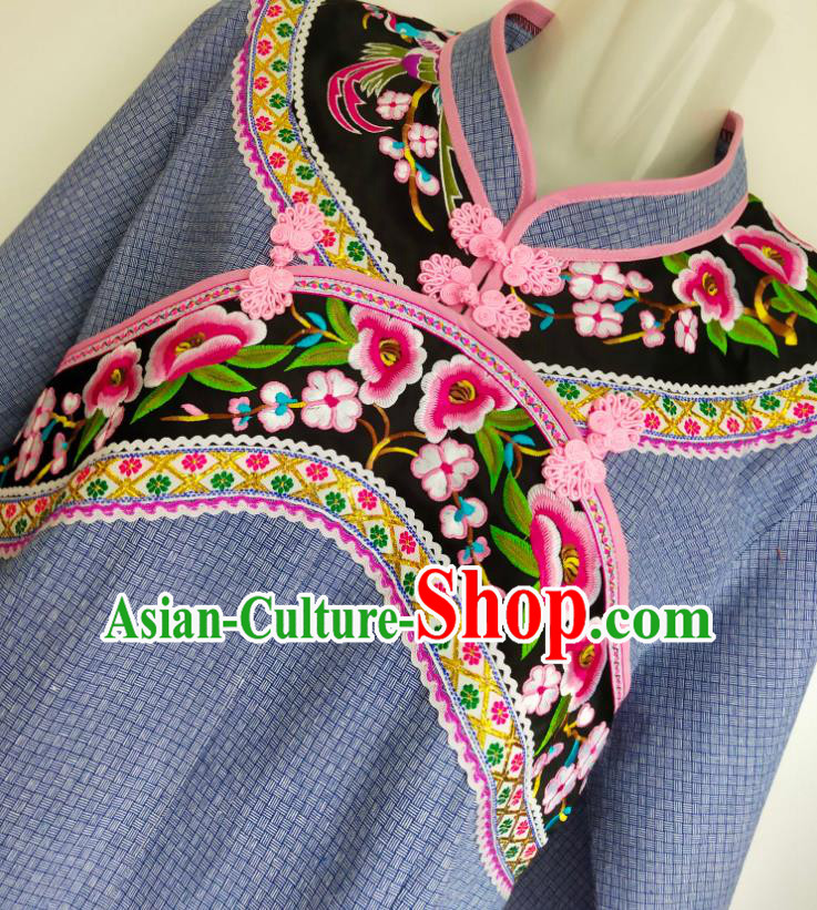 Chinese Bouyei Nationality Folk Dance Blouse Embroidered Blue Top Garment Guizhou Ethnic Female Clothing
