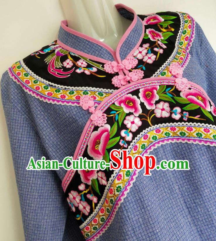 Chinese Bouyei Nationality Folk Dance Blouse Embroidered Blue Top Garment Guizhou Ethnic Female Clothing