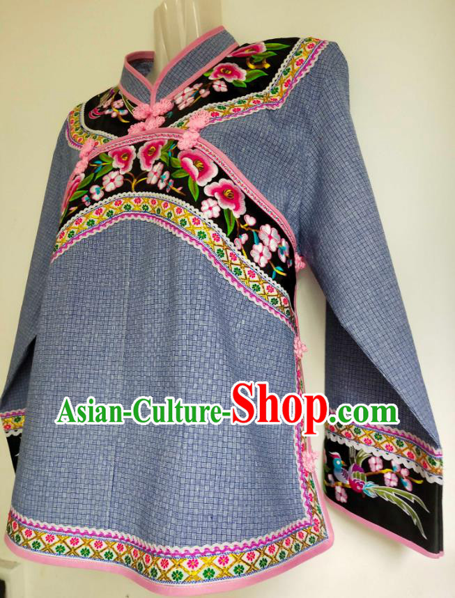 Chinese Bouyei Nationality Folk Dance Blouse Embroidered Blue Top Garment Guizhou Ethnic Female Clothing