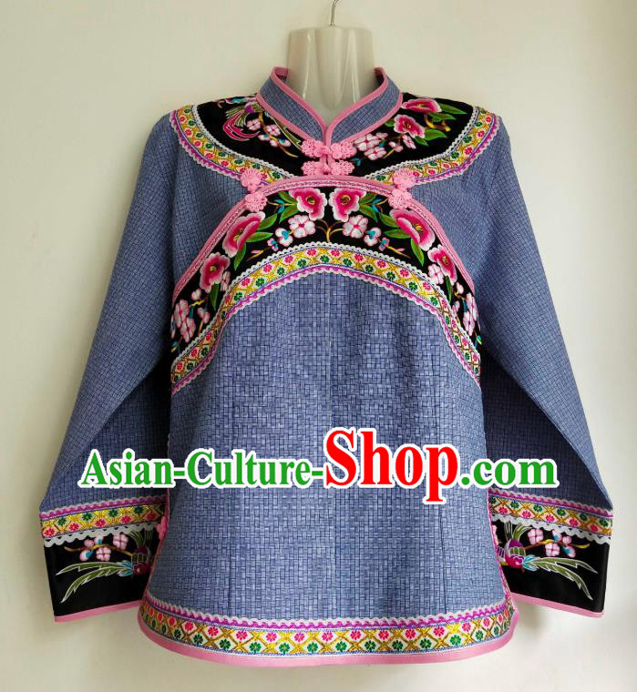 Chinese Bouyei Nationality Folk Dance Blouse Embroidered Blue Top Garment Guizhou Ethnic Female Clothing