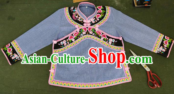 Chinese Bouyei Nationality Folk Dance Blouse Embroidered Blue Top Garment Guizhou Ethnic Female Clothing