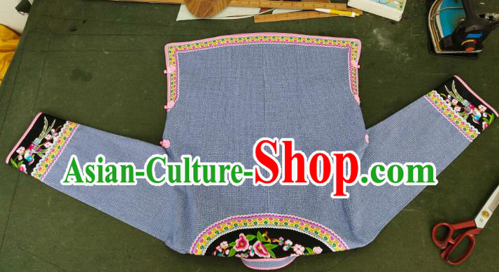 Chinese Bouyei Nationality Folk Dance Blouse Embroidered Blue Top Garment Guizhou Ethnic Female Clothing