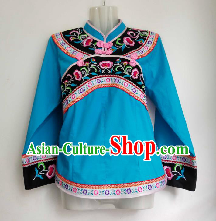 Chinese Guizhou Ethnic Performance Clothing Bouyei Nationality Woman Blouse Embroidered Blue Top Garment