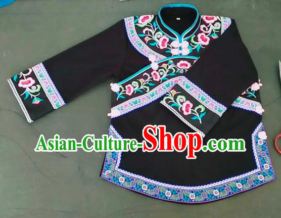 Chinese Bouyei Nationality Embroidered Black Blouse Guizhou Ethnic Dance Top Garment Clothing