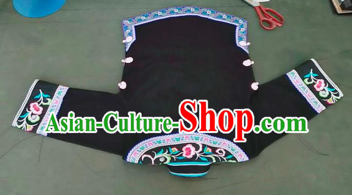 Chinese Bouyei Nationality Embroidered Black Blouse Guizhou Ethnic Dance Top Garment Clothing